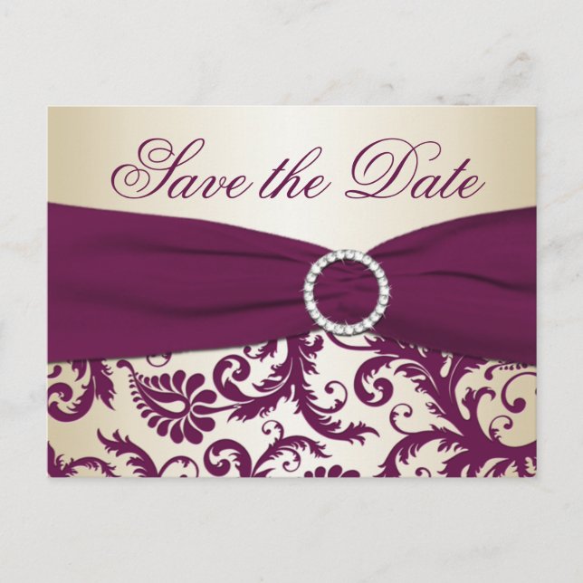 Plum und Champagne Damask Save the Date Postkarte (Vorderseite)