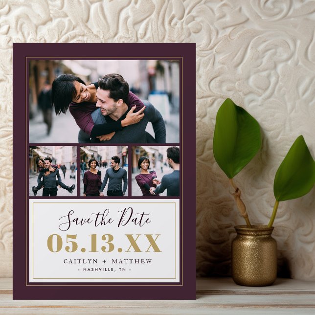 Plum und Gold 4 Foto Save the Date Magnetkarte (Von Creator hochgeladen)
