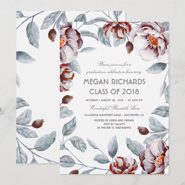 Plum und Maroon Floral Watercolor Boho Abschluss Einladung (Vorne/Hinten)