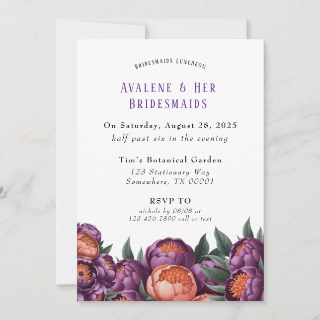 Plum und Orange Paint Peony Bridesmaids Luncheon Einladung (Vorderseite)
