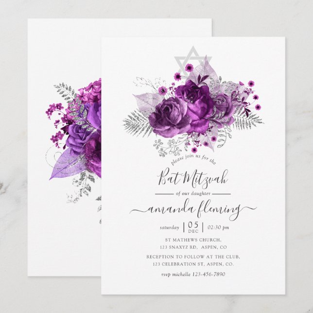 Plum und Silver Watercolor Bat Mitzvah Einladung (Vorne/Hinten)