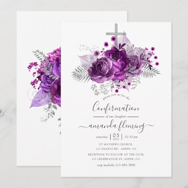 Plum und Silver Watercolor Floral Confirmation Einladung (Vorne/Hinten)