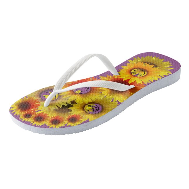 Plum Unisex Sonnenblumen Flip Flops (Schrägansicht)