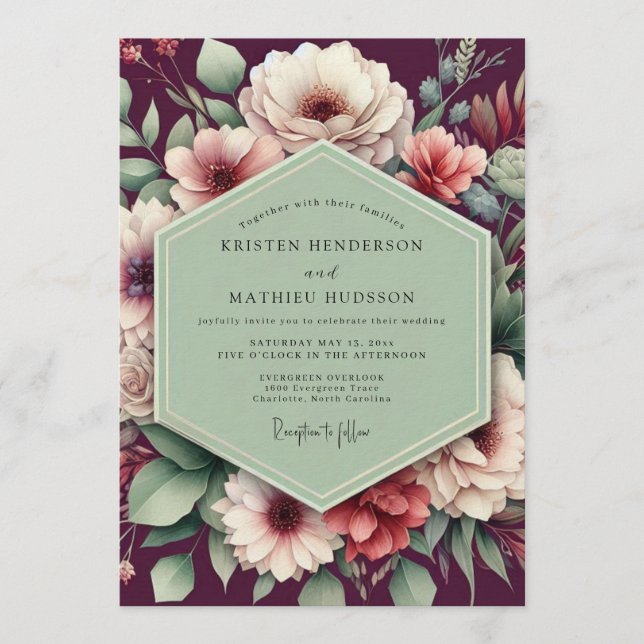 Plum Verdant Bloom Wedding Einladung (Vorderseite)