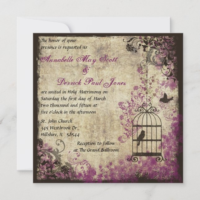 Plum Vintage Wedding Birdcage Einladung (Vorderseite)
