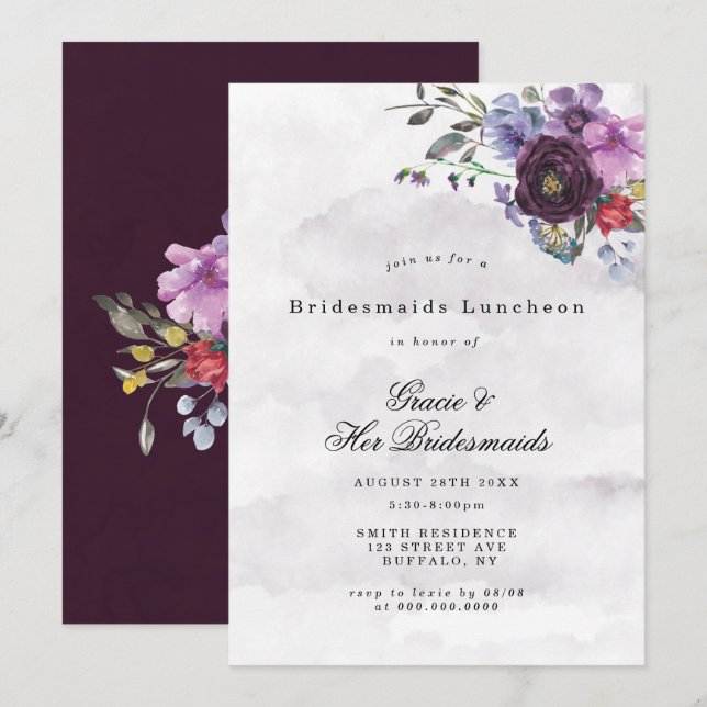 Plum Violet Chic Peony Bridesmaids Luncheon Einlad (Vorne/Hinten)