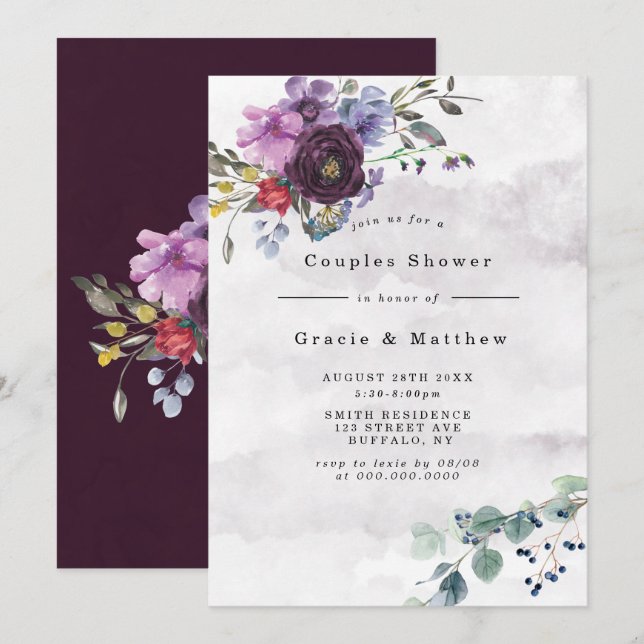 Plum Violet Chic Peony Couples Douche Invitations (Devant / Derrière)