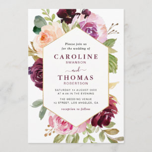 Plum violet et faire-part de mariage à cadre d'or 