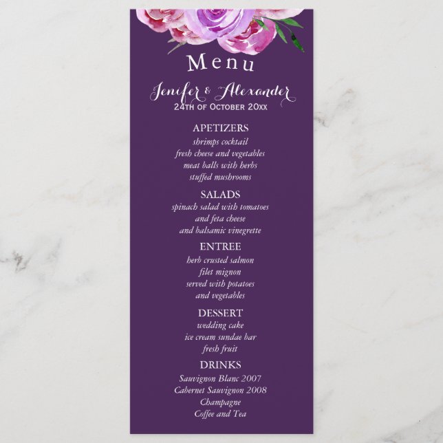 Plum violet fleuri mariage menu (Devant)