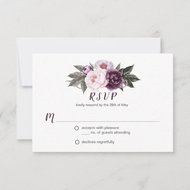 Plum violet Peonies roses Bouquet Vert RSVP #3 (Devant)