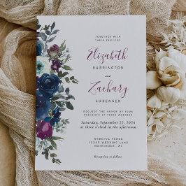 Plum Watercolor Floral Navy Blue Wedding Einladung