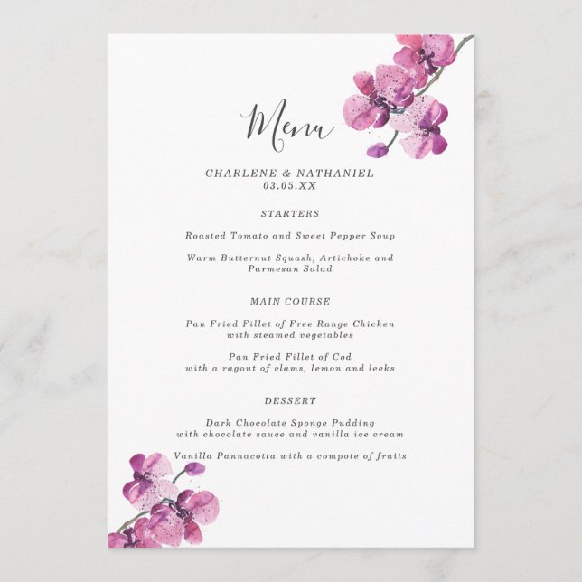 Plum Watercolor Orchid 5x7 Menu Mariage (Devant)