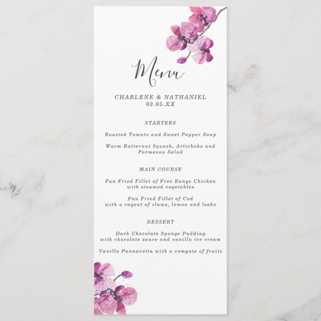 Plum Watercolor Orchid Wedding Menu Menükarte (Vorderseite)