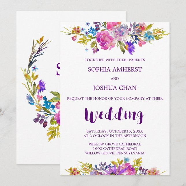 Plum Wedding Invitation Card mit Monogram Backing Einladung (Vorne/Hinten)