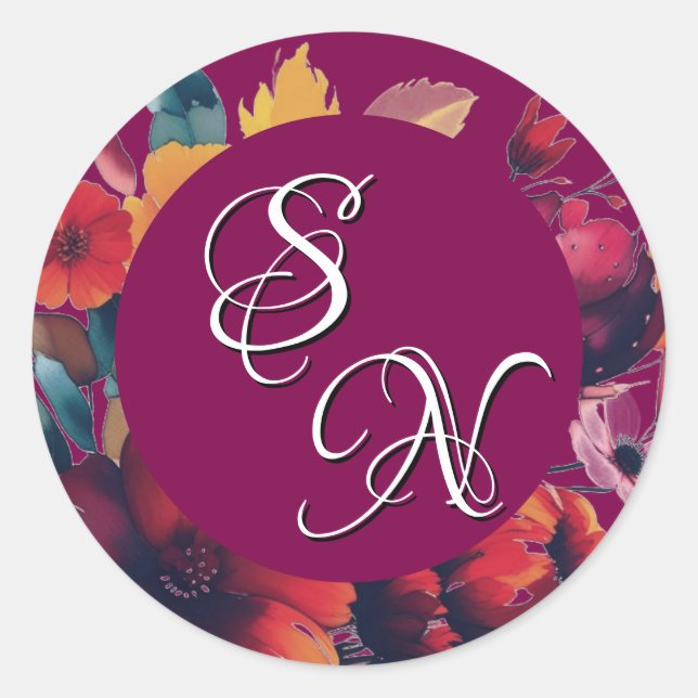 Plum Wildblumen Bouquet Monogram Initial Sticker (Vorderseite)