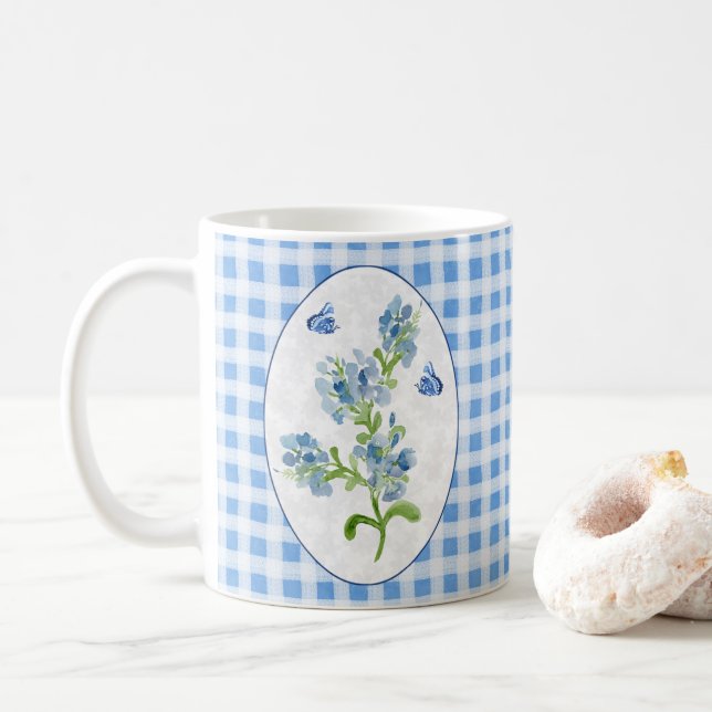 Plumbago Blume und Schmetterlinge auf Blue Gingham Kaffeetasse (Mit Donut)