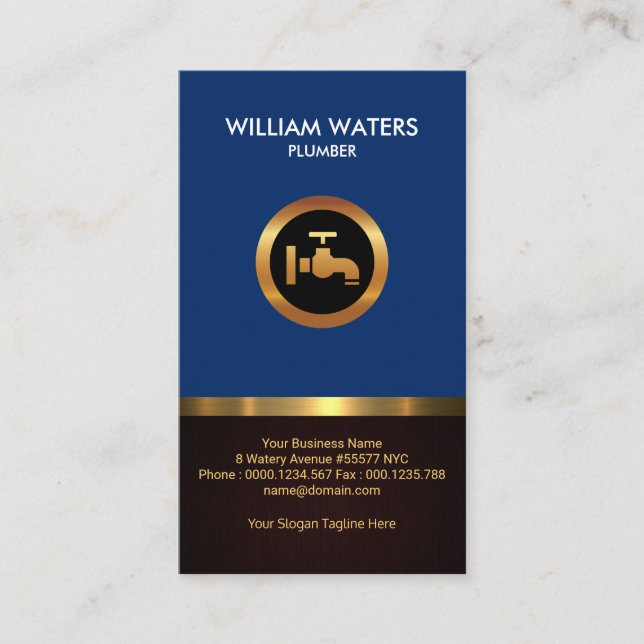 Plumbers auffallendes Gold-Symbol Retro Blue Wood  Visitenkarte (Vorderseite)