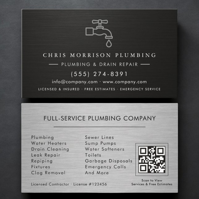 Plumbing Company QR Code Silver Black Metallic  Visitenkarte (Von Creator hochgeladen)