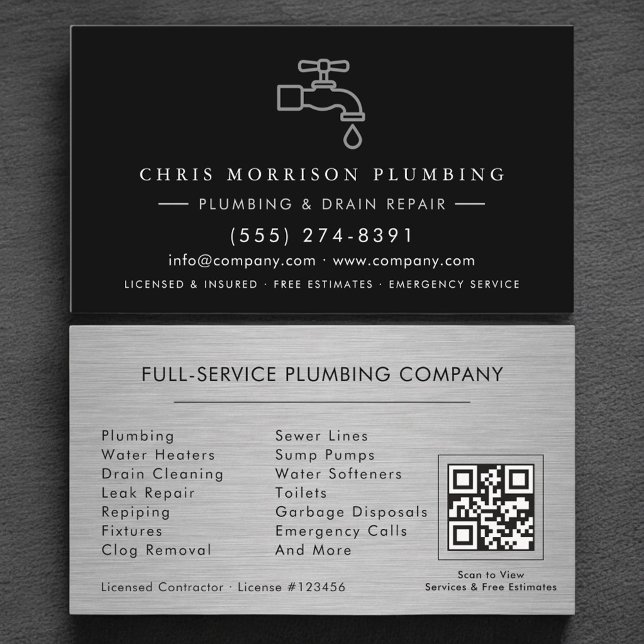 Plumbing Company Silver Metallic QR Code Visitenkarte (Von Creator hochgeladen)