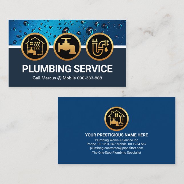 Plumbing Icons Water Drop Business Card Visitenkarte (Vorne/Hinten)