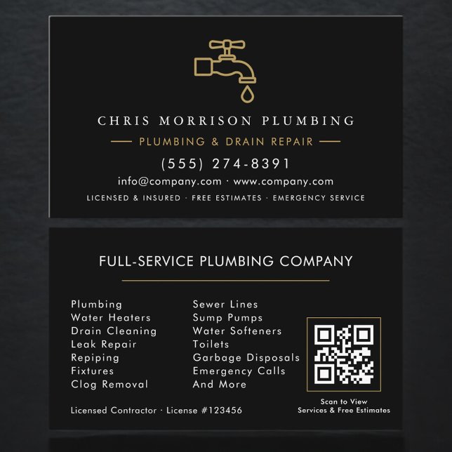 Plumbing  Service Black & Gold QR Code Visitenkarte (Von Creator hochgeladen)