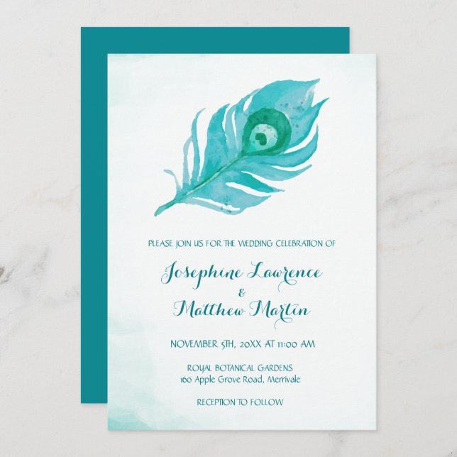 Plume de paon Monogramme Invitations de mariage (Devant / Derrière)