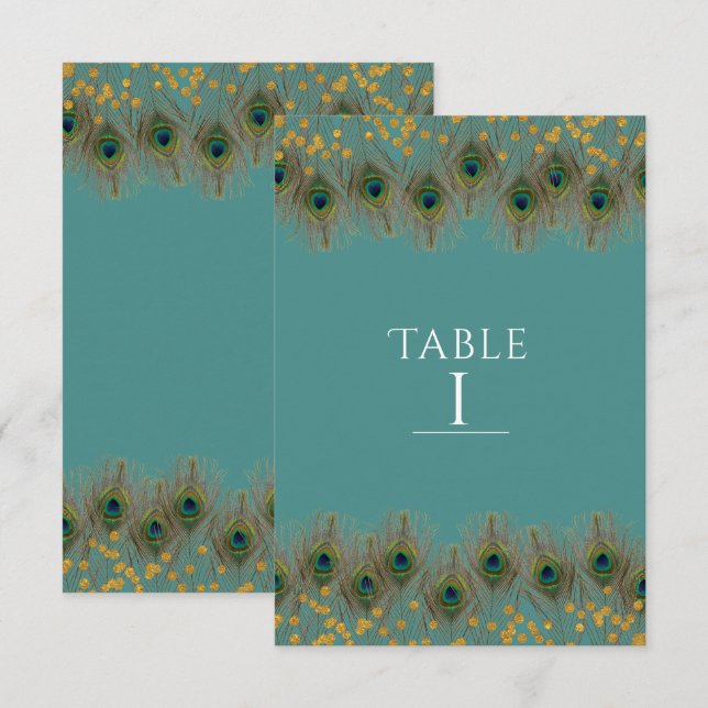 Plume de paon & or NUMÉRO DE TABLE TOUTE COULEUR (Devant / Derrière)