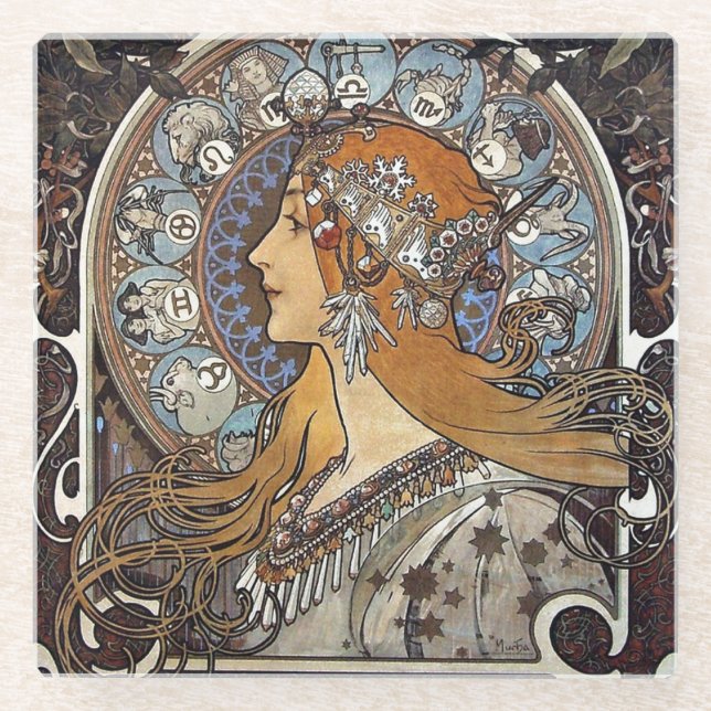 Plume Zodiac Woman von Alphonse Mucha - Jugendstil Glasuntersetzer (Vorderseite)