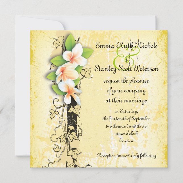 Plumeria blanche vintage invitation jaune lierre (Devant)