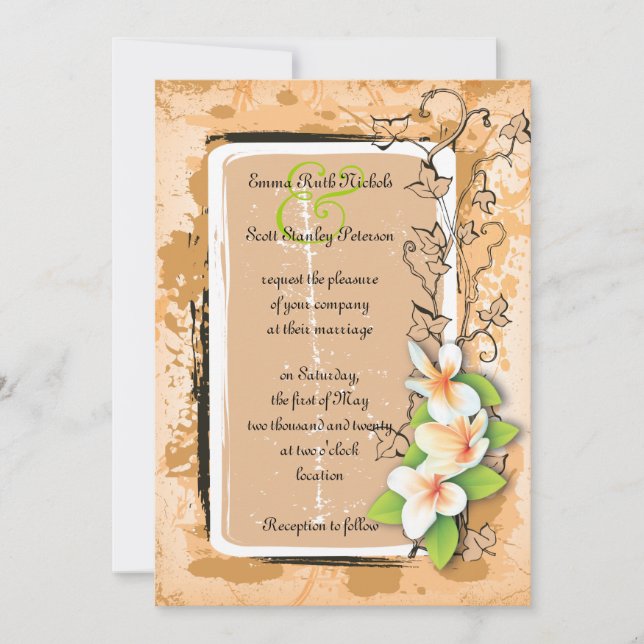 Plumeria blanche vintage invitation lierre orange (Devant)
