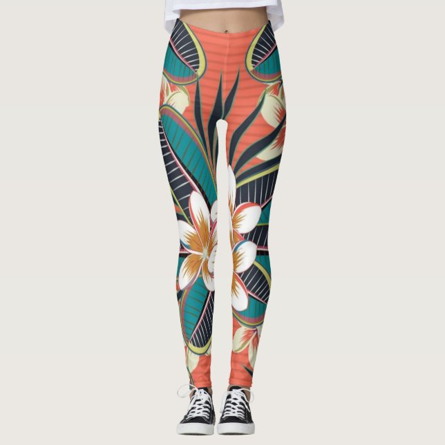 Plumeria Blume Blau Beige Grüne Farben Leggings (Vorderseite)