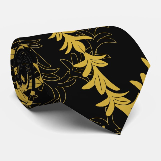 Plumeria Floral Lei Garland Pattern Black Wedding Krawatte (Gerollt)