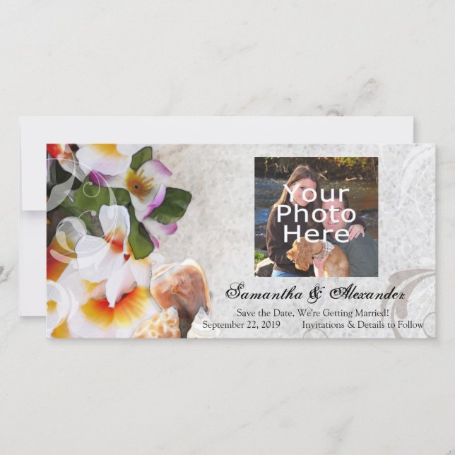 Plumeria Orchid Lei in Sand Fotokarte Save The Date (Vorderseite)