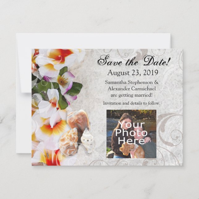 Plumeria Orchid Lei Save the Date in Sand Foto (Vorderseite)