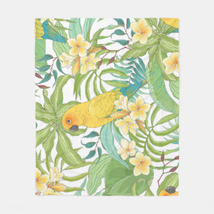 Plumeria, Papagei, Vintages Muster. Fleecedecke