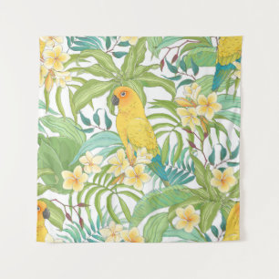 Plumeria, Papagei, Vintages Muster. Wandteppich