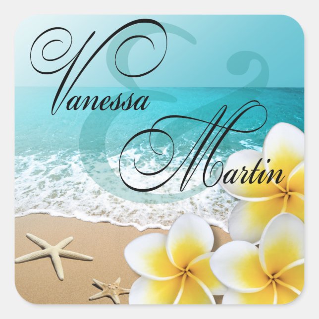 Plumeria Starfish Beach Tropical Hawaii Gefallen Quadratischer Aufkleber (Vorderseite)