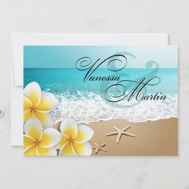 Plumeria Starfish Beach Tropical Wedding Einladung (Vorderseite)