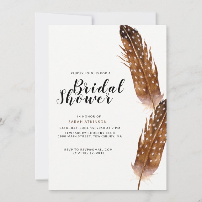 Plumes Aquarelle Nuptiale Douche Invitation (Devant)