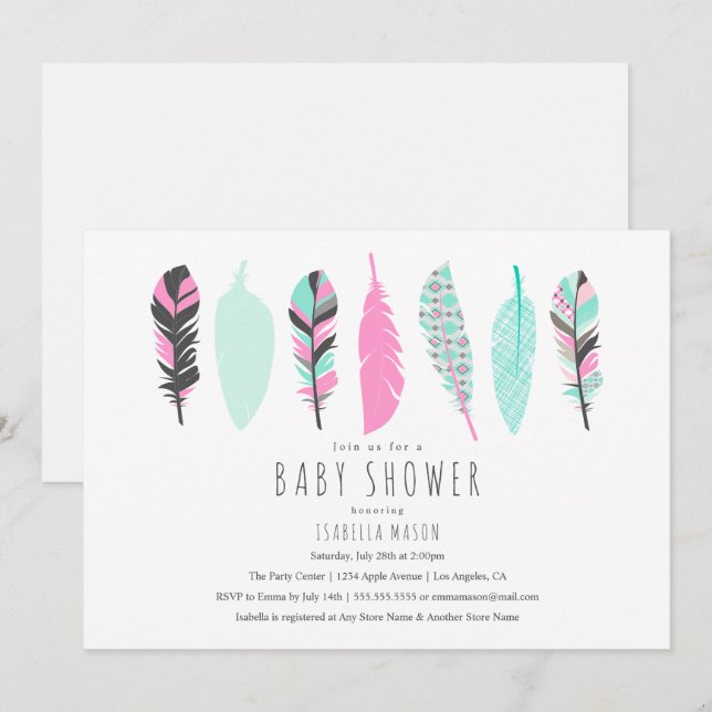 Plumes aztèques| Invitation Baby shower (Devant / Derrière)
