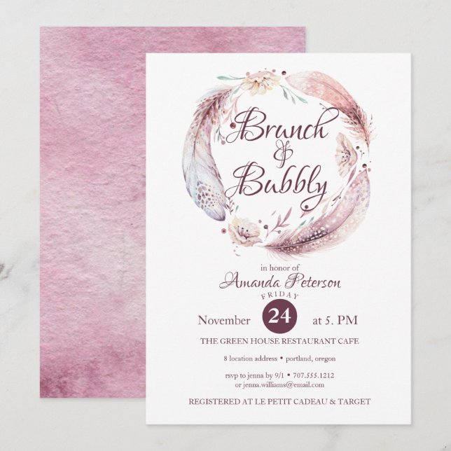 Plumes de Bohème Brunch Bubbly Invitation (Devant / Derrière)