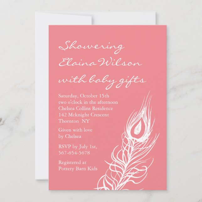Plumes de corail Peacock Invitation Baby shower (Devant)