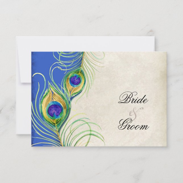 Plumes de paon bleu Damas carte de réponse RSVP (Devant)