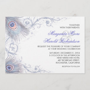 plumes de paon bleu invitations de mariage vintage