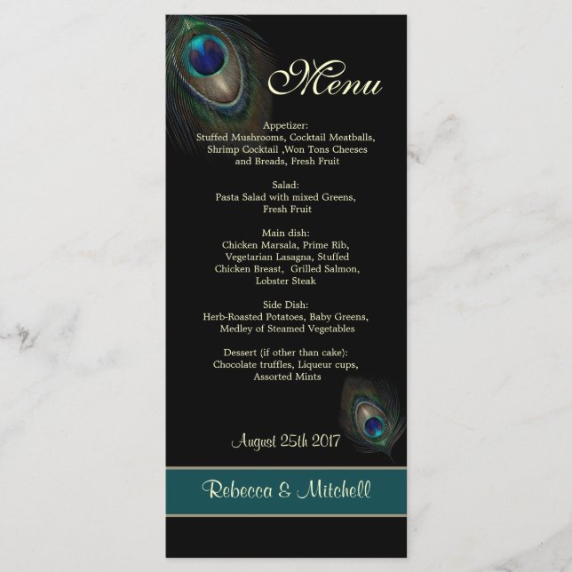 Plumes de paon bleu vert sur noir Menu (Devant)