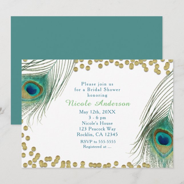 Plumes de paon & points dorés Invitation Boho Glam (Devant / Derrière)