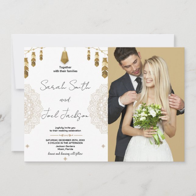 Plumes d'or et mariage d'art Invitations avec phot (Devant)