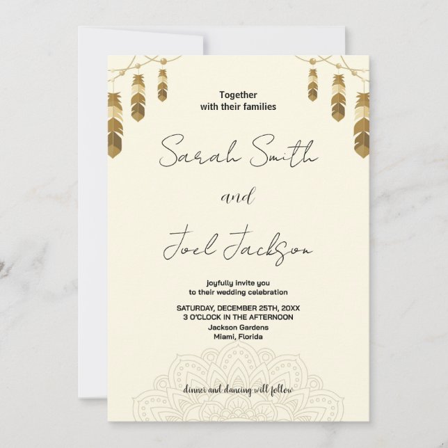 Plumes dorées et Art Beige Mariage Invitations (Devant)