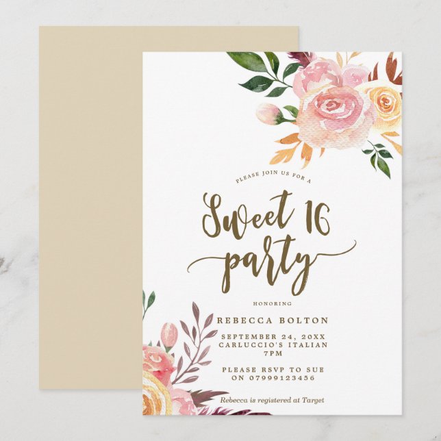 plumes florales boho Sweet 16 invitation (Devant / Derrière)