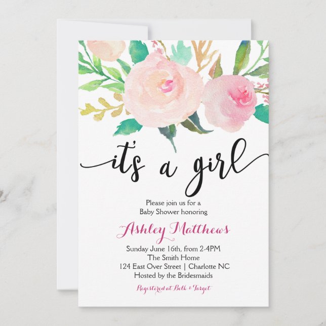 Plumes florales Invitation Baby shower floral (Devant)
